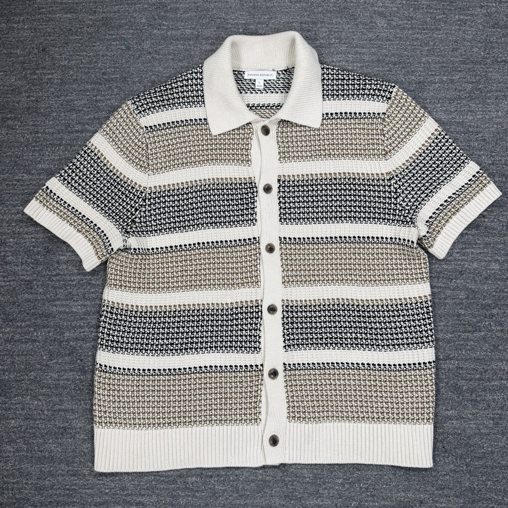 Banana Republic Stripe Crochet Cotton Knit Shirt Men Large Neutrals Button Up
